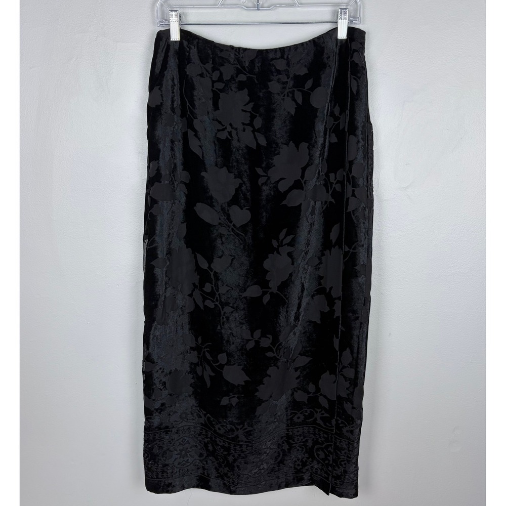 Rafaella Black Velvet Floral Burnout Maxi Skirt Faux Wrap Whimsigoth Size 12